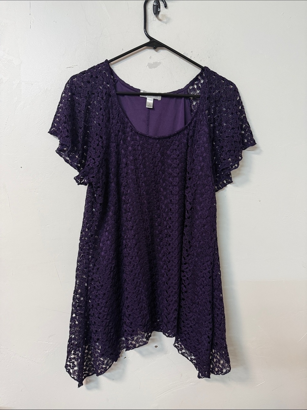 Dress Barn Purple Lace Overlay Flutter Sleeve Top
